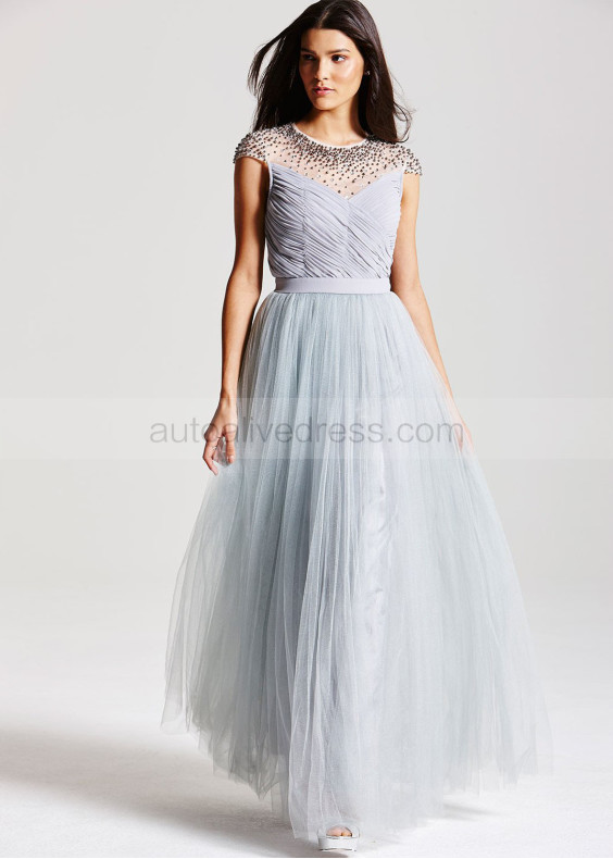 Gray Tulle Chiffon Beads Cap Sleeves Long Prom Dress